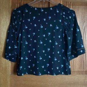 Ann Taylor Navy Blue Floral Ladder Trim Petite Top Blouse Workwear Career Office